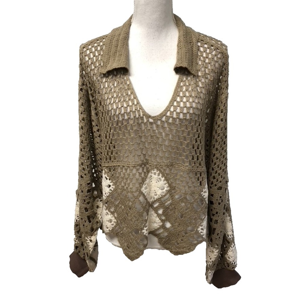 Davi & Dani Crochet Knit Sweater Jumper Womens Large Beige Pullover V Neck Boho
